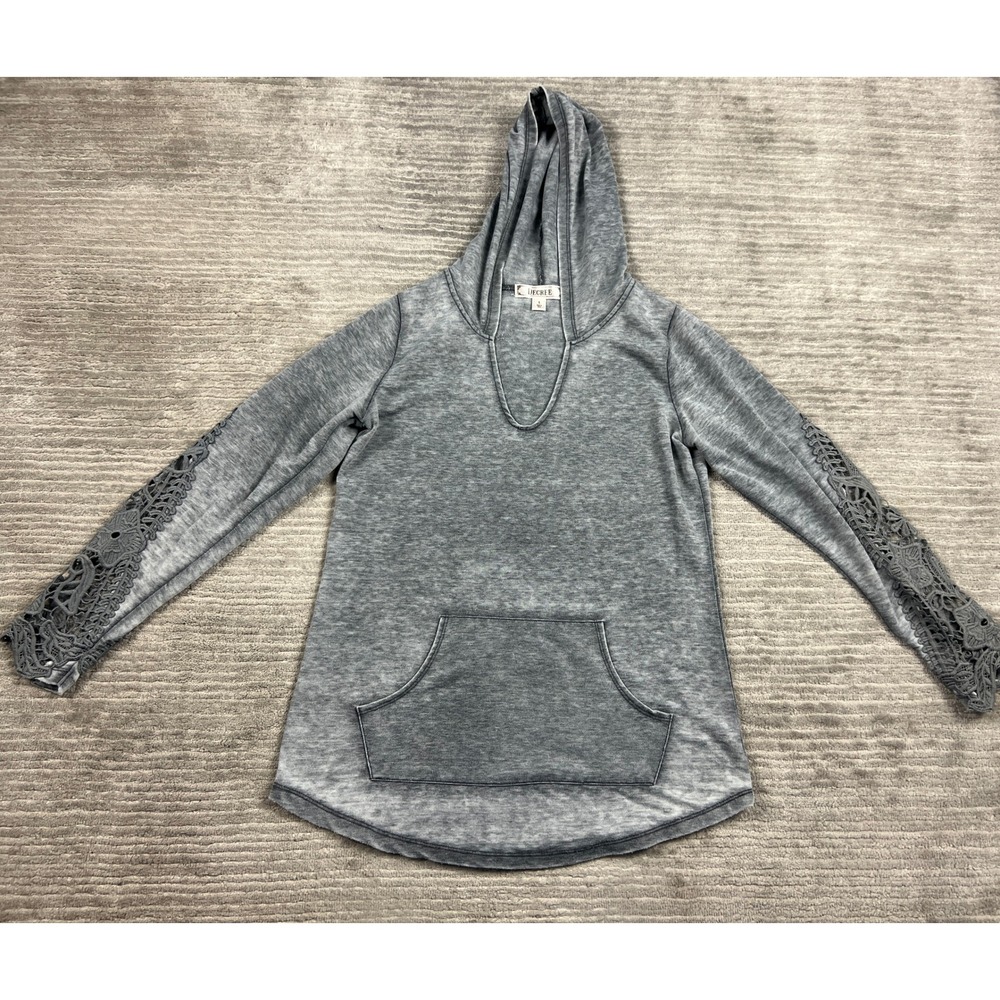 Decree Hoodie Women Large Gray Acid Wash Crochet Lace Sleeve Split Neck Pullover